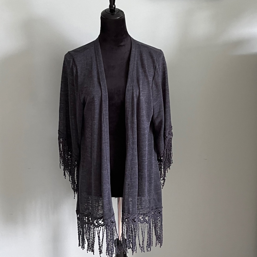 Eyeshadow Charcoal Gray Open Front Fringe Kimono L - image 1